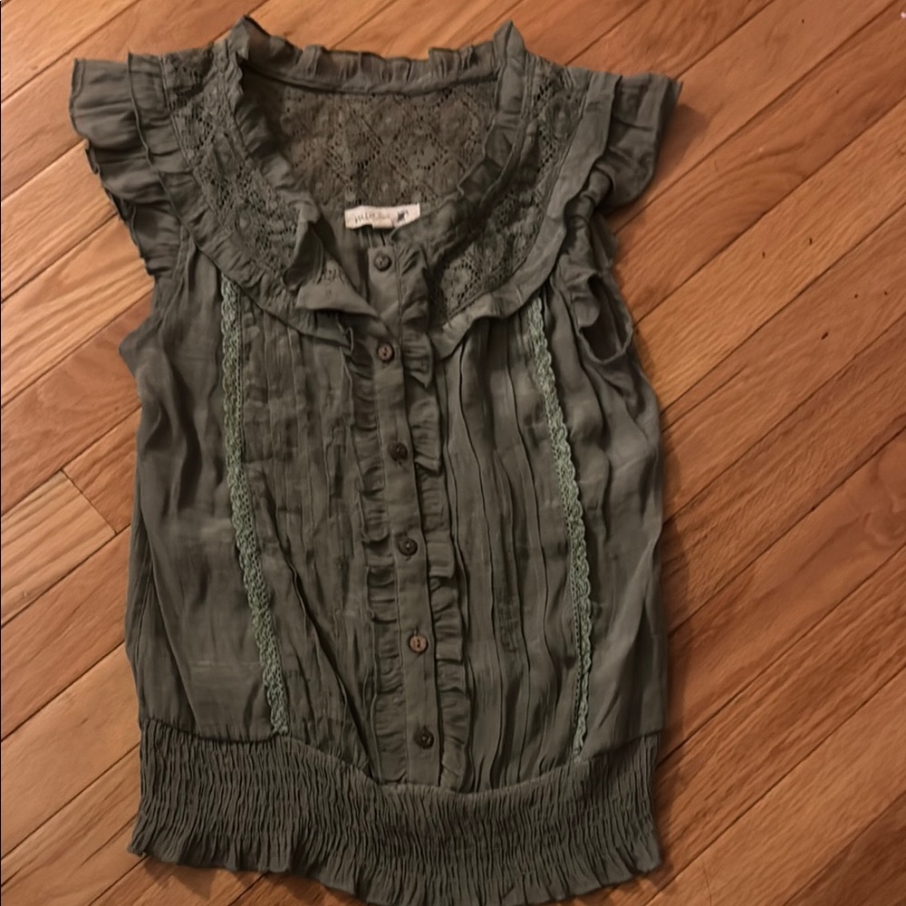 Mine S Olive Green Sleeveless Blouse with Lace and Ruffle Details